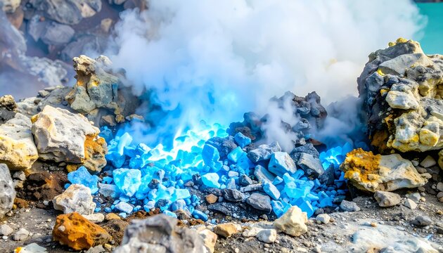 Eerie blue fire from burning sulfur at Kawah Ijen volcano Indonesia