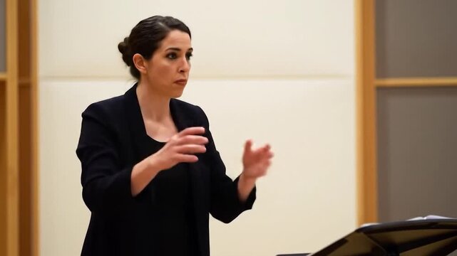Woman conductor leading orchestra with passion and focus.