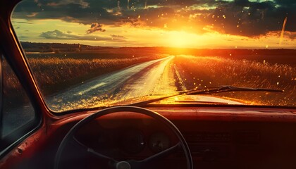 An orange vintage car drives on a wet asphalt road during a sunset, water droplets visible on the windshield and the road.