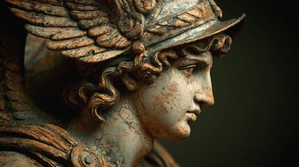 Ancient statue of the antique god of commerce, merchants and travelers Hermes (Mercury). He is olympic gods messenger with wings on his feet and helmet.