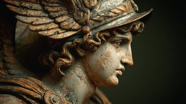 Ancient statue of the antique god of commerce, merchants and travelers Hermes (Mercury). He is olympic gods messenger with wings on his feet and helmet.