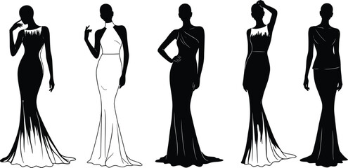 Elegant women in evening gowns silhouette, fashion models posing gracefully, glamorous dresses, stylish female figures, beauty, sophistication, chic fashion, formal wear, runway style, elegance