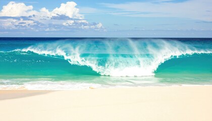 A pristine beach with a stunning turquoise wave breaking gently ashore.