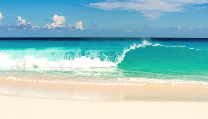 Turquoise ocean waves crash on a pristine white sand beach under a bright blue sky.