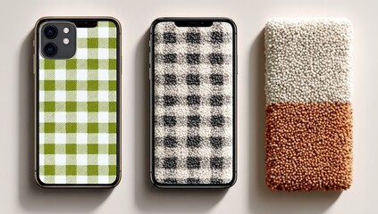 Three smartphone cases, featuring different textures and patterns.  Two cases display a classic gingham check pattern, one in olive green and cream, the other in black and cream. 