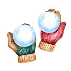 Watercolor Mittens Holding Snowballs Winter Illustration Festive Season HandPainted.