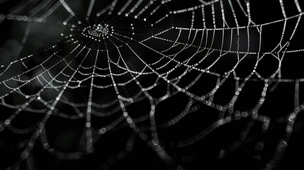Close-up of delicate spider web with dew drops against a black background in macro view
