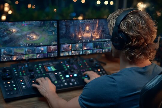 Gamer streams gameplay live with dual monitors with headphones, and and hightech control panel.