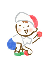 運動会で玉入れの玉を拾っている男の子の手描きイラスト