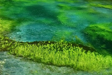 エメラルドグリーンの水面と苔