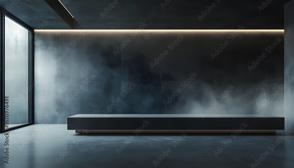 Poster the image shows a dimly lit room featuring a long, rectangular platform against a textured dark wall