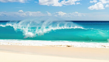 A pristine beach with a turquoise wave crashing gently ashore under a bright sunny sky.