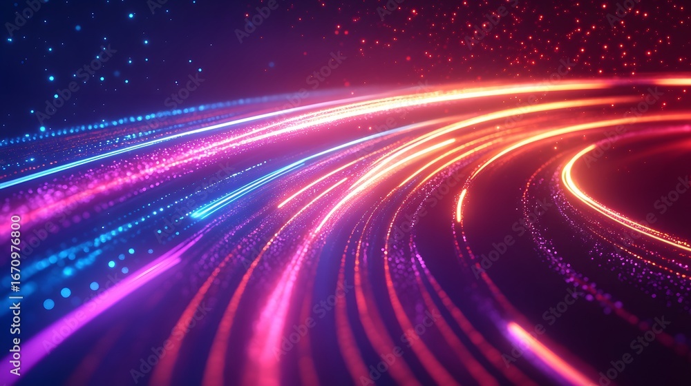 Wall mural abstract design with vibrant glowing lines and particles.