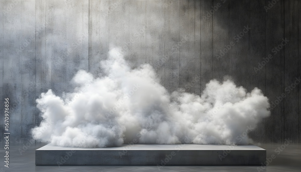 Poster a digitally created image shows a gray concrete block platform with a large, white smoke cloud emana