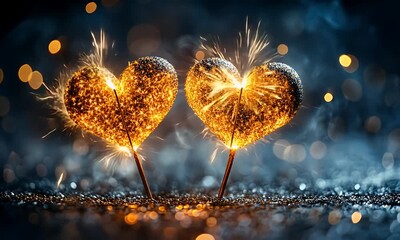 Sparkling heart-shaped sparklers on a dark background with bokeh - Powered by Adobe