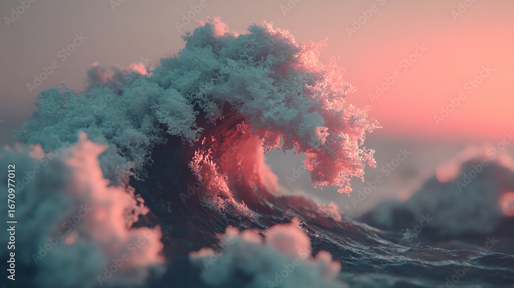 Poster a powerful ocean wave crests in a dynamic display of natural force, illuminated by a soft, warm suns