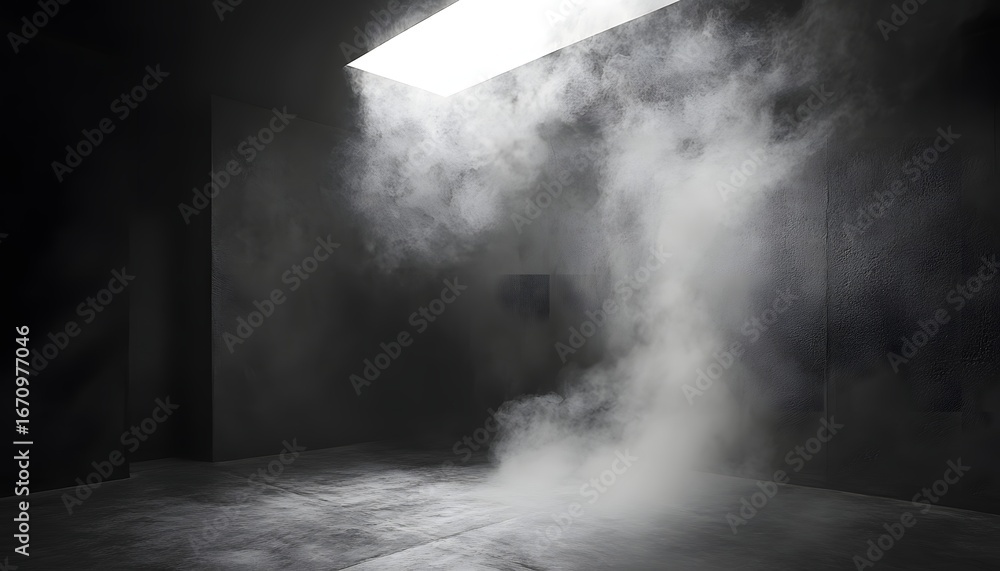 Poster a digitally created image shows a dark room filled with fog, illuminated by a bright light source fr