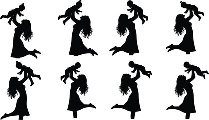 Mother and child silhouette, mom lifting baby, joyful motherhood concept, parent love icon, happy family moment, mother’s day vector, parenting illustration design