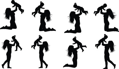 Mother playing with child silhouette, loving mom lifting baby, happy family moment, parent bonding with toddler, joyful motherhood concept, silhouette art of mom and kid