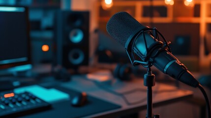 Closeup of a professional podcast microphone resting on a desk in a recording ready podcasting home studio. Selective focus of podcast equipment in empty room, ready to be used for online streaming