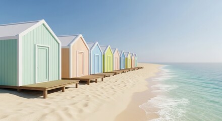 Obraz premium Colorful beach huts lined along sandy shore with turquoise sea and clear blue sky