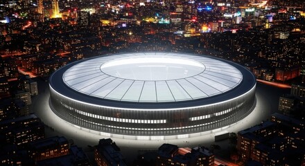 Futuristic illuminated stadium at night in vibrant cityscape aerial view