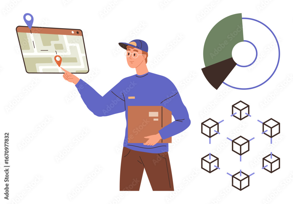 Poster delivery worker holding a package, pointing at a digital map with location pin. graph and network el
