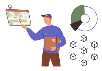 Delivery worker holding a package, pointing at a digital map with location pin. Graph and network elements displayed. Ideal for logistics, delivery, technology, navigation, data, business workflow