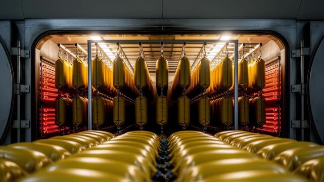 Hightemperature vulcanization oven chamber filled with Kevlar fuel bladders arranged for uniform curing illustrating advanced composite fuel storage fabrication.