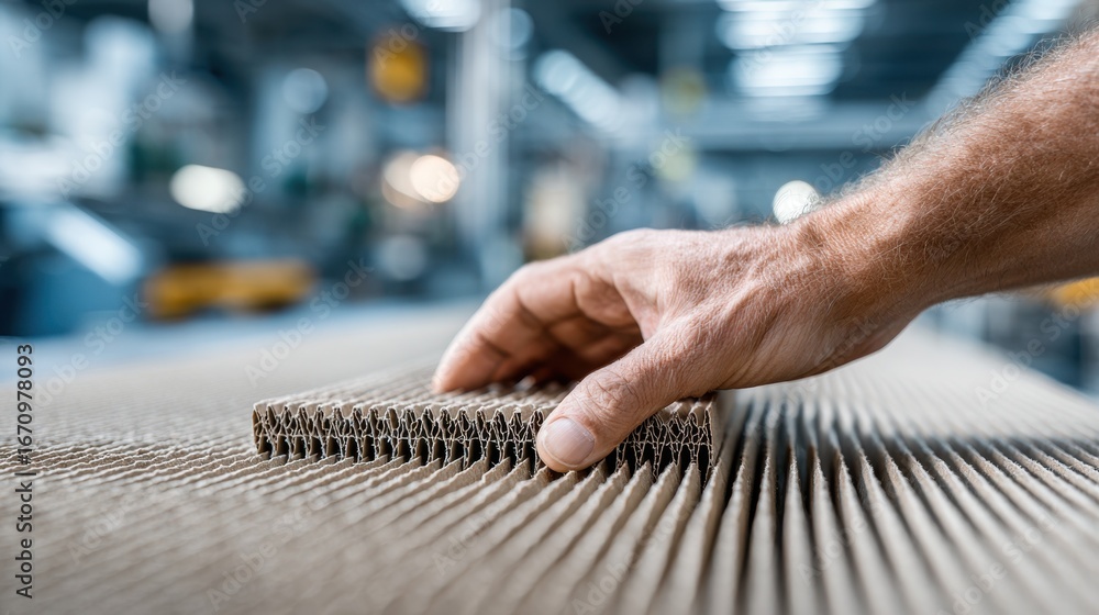 Aufkleber medium frame showing a hand testing flexibility of recycled corrugated material with the packaging i