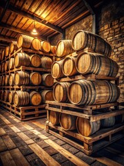 Rustic whisky barrels stacked on wooden pallets in a dimly lit Scottish distillery cellar
