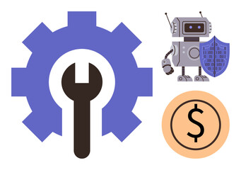 Blue gear with wrench, robot holding shield, orange dollar sign. Ideal for technology, security, innovation, finance, cost efficiency automation repair. Simple flat metaphor