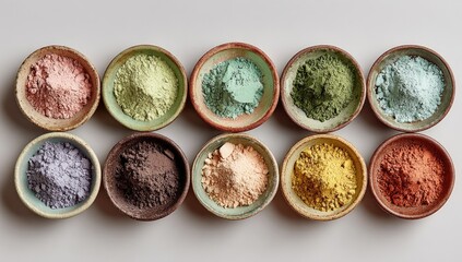 Nine small, round bowls filled with colored powders, arranged in a grid.  Each powder has a unique hue, ranging from pastel to earth tones. 