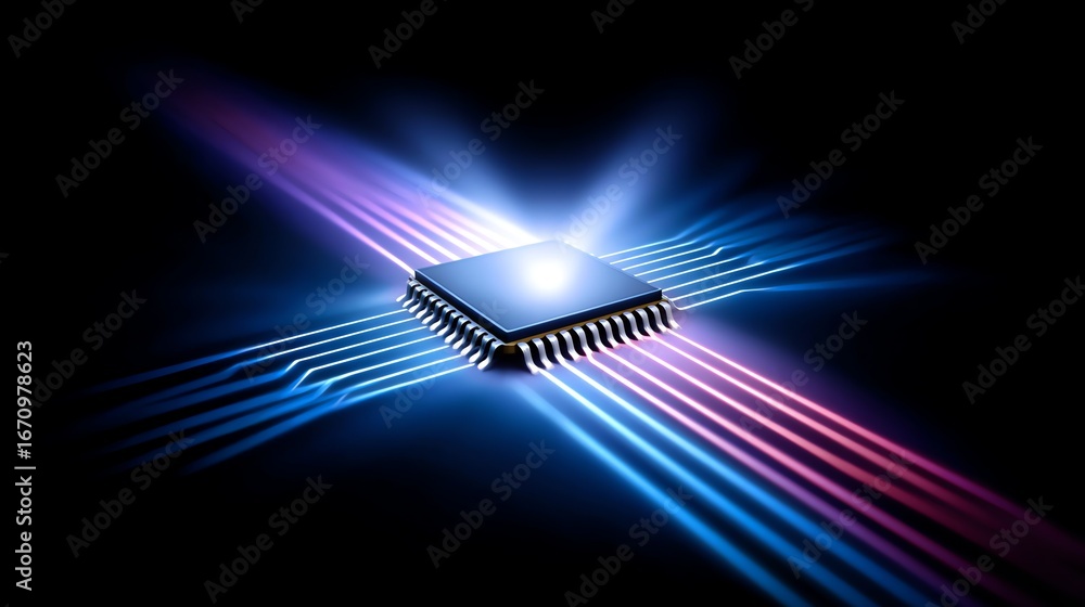 Aufkleber a central microchip glows with intense light, radiating energy outwards through a network of illumin