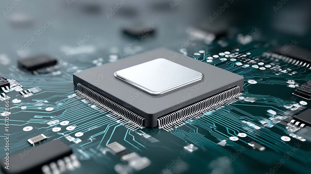 Aufkleber a detailed, low-angle view showcases a central processing unit integrated onto a complex circuit boa
