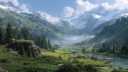 Fototapeta premium Alpine valley scene, snow-capped peaks, lush greenery