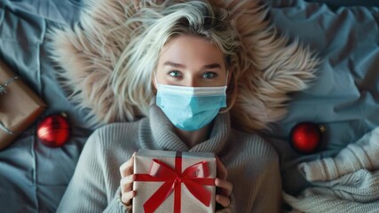 A woman in a face mask presents an unwrapped gift, perhaps symbolizing the unique challenges of holiday celebrations during pandemic times. - Powered by Adobe