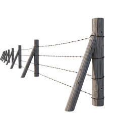 rustic barbed wire fence and wooden posts, aged weathered timber with metal wire details, country farm boundary isolated on transparent background PNG