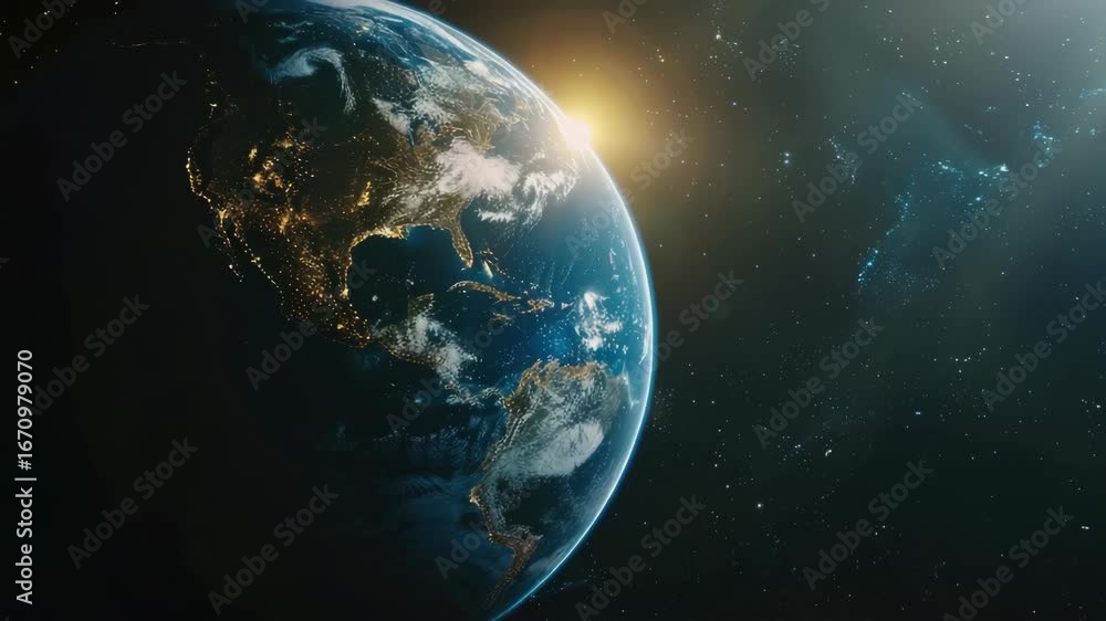 Wall mural of earth at night from space with the moon's reflection on the ocean.