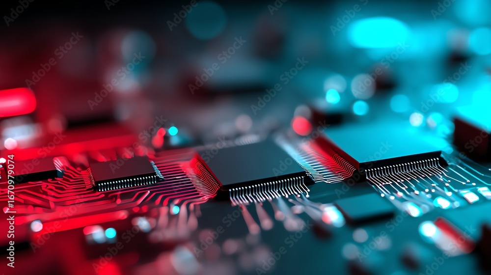 Poster a close-up, abstract rendering showcases intricate circuitry illuminated with vibrant cyan and crims
