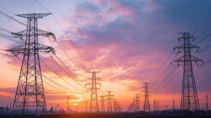 Fototapeta premium High voltage pylons with electric power lines transfering electricity from solar photovoltaic sells at sunrise. Production of sustainable energy concept.