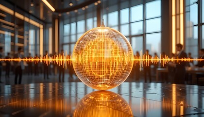 Golden sphere with waveform overlay in modern office space ready for innovative presentation