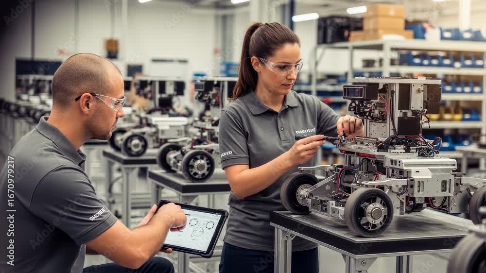 Poster Assembly technicians use digital diagnostics tools to verify sensor functionality on rail inspection robots before shipment.