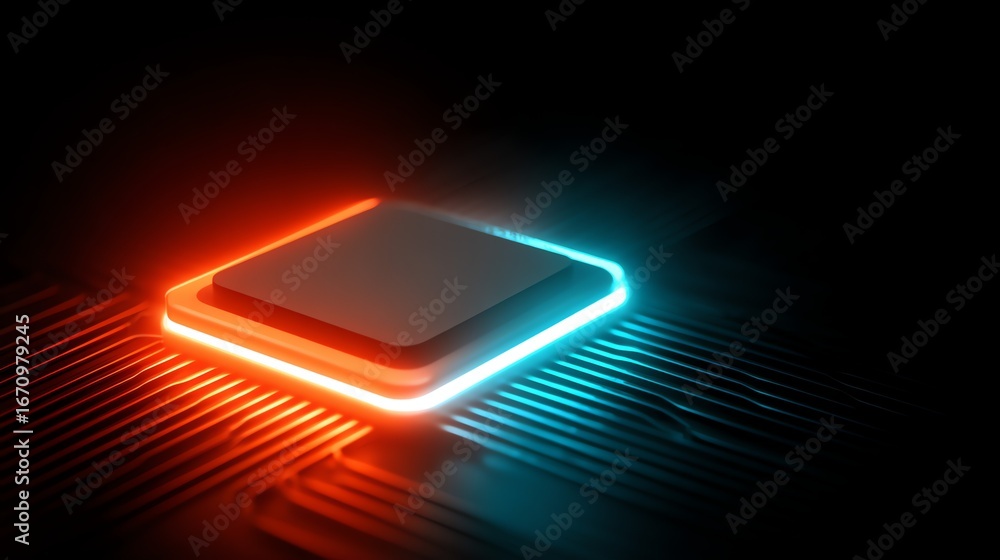 Aufkleber a glowing, square microchip rests upon a complex network of illuminated circuitry, evoking a sense o
