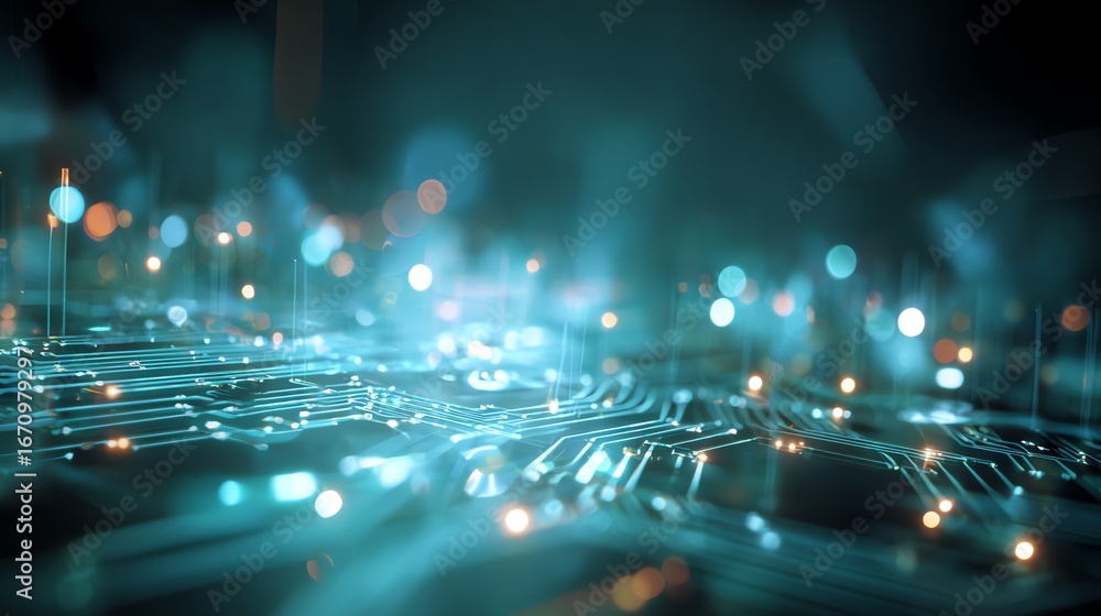 Aufkleber an abstract visualization depicts a complex network of illuminated circuitry, evoking a sense of fut