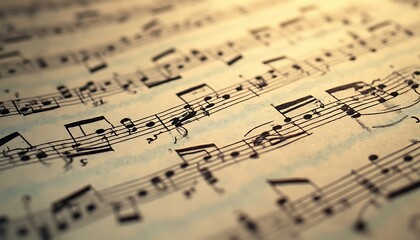 Musical Notes on Yellowed Sheet Music in Warm Light