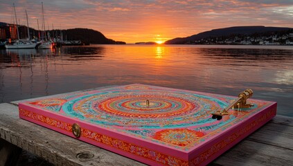 Colorful record player platter at sunset over water