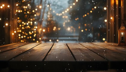 A rustic wooden table sits in the foreground, with a softly blurred background featuring a snowy scene, illuminated with warm, golden lights.