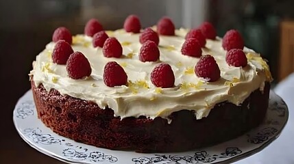 Delicious red velvet cake decorated with raspberries and lemon zest.