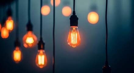 A collection of antique Edison light bulbs emit a warm inviting glow The soft bokeh effect in the background adds a dreamy atmospheric quality perfect for creating a cozy ambiance